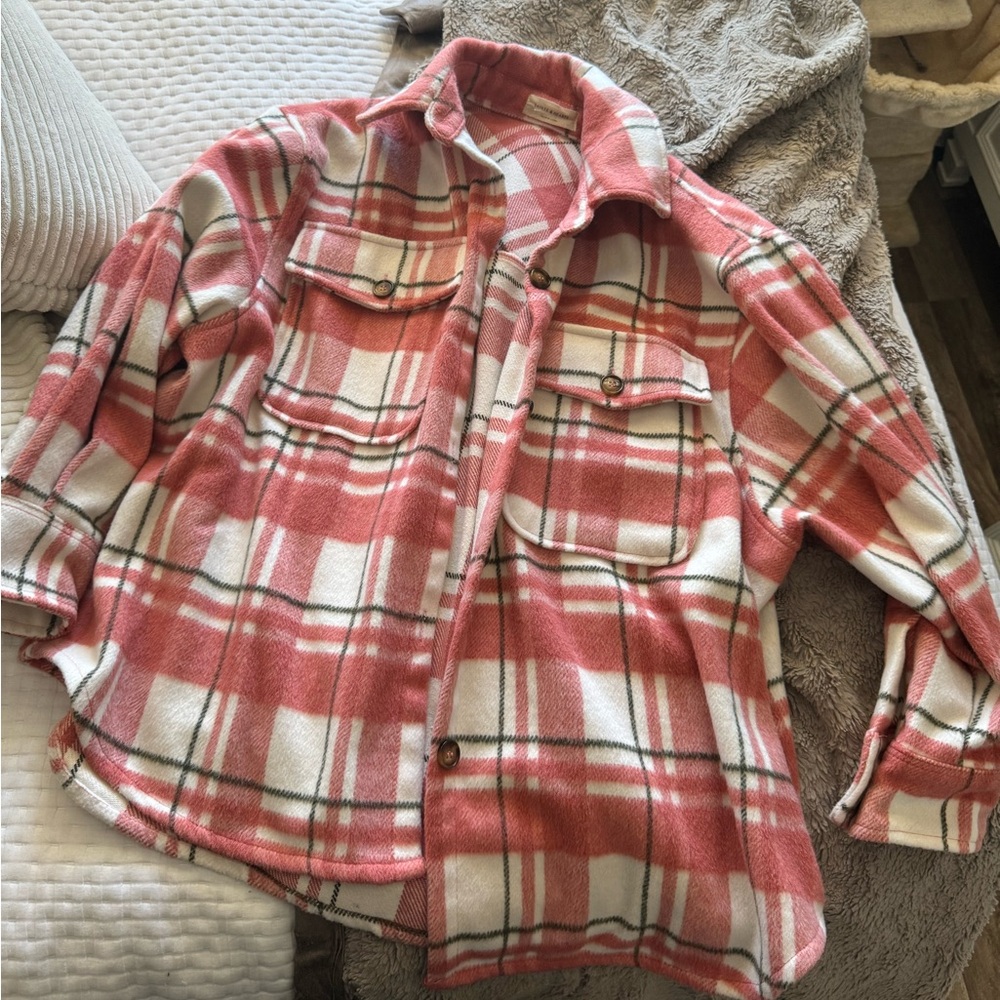 Thick oversized pink/white/green flannel!